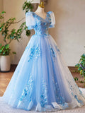 Blue Appliques Lace Flower Floor Length Prom Dresses, Beautiful V-Neck Short Sleeve Evening Dress HZ0429