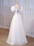 Elegant White Tulle Appliques Long Prom Dress, White High Neck A-Line Evening Dress HZ0429