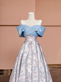 Blue Satin and Floral Pattern Floor Length Prom Dress, Off the Shoulder Evening Party Dress HZ0429