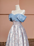 Blue Satin and Floral Pattern Floor Length Prom Dress, Off the Shoulder Evening Party Dress HZ0429