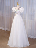 Elegant White Tulle Appliques Long Prom Dress, White High Neck A-Line Evening Dress HZ0429