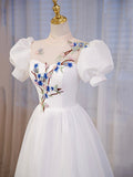 Elegant White Tulle Appliques Long Prom Dress, White High Neck A-Line Evening Dress HZ0429