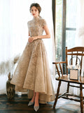 Cute Lace Short Sleeve High Low Prom Dress, A-Line High Neck Evening Party Dress HZ0429
