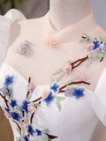Elegant White Tulle Appliques Long Prom Dress, White High Neck A-Line Evening Dress HZ0429