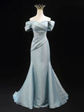 Mermaid Satin Long Prom Dress, Blue Off the Shoulder Party Dress with Bow HZ0429