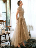 Cute Lace Short Sleeve High Low Prom Dress, A-Line High Neck Evening Party Dress HZ0429