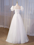 Elegant White Tulle Appliques Long Prom Dress, White High Neck A-Line Evening Dress HZ0429