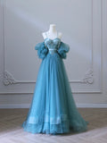Fairy Blue Spaghetti Straps Corset Tulle Prom Dress, Detachable off Shoulder Party Dress HZ0429
