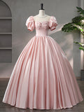 Beautiful Pink Scoop Neck Satin Floor Length Prom Dress, A-Line Short Sleeve Evening Dress with Bow HZ0429