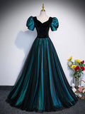 Unique Black Velvet and Tulle Long Prom Dress, A-Line Short Sleeve Evening Party Dress HZ0429