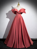 Beautiful Satin Off Shoulder Long Party Dress, A-Line Pearl Floor Length Prom Dress HZ0429