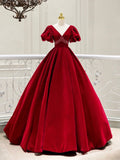 Burgundy Velvet V-Neck Long Formal Dress, A-Line Short Sleeve Evening Party Dress HZ0429