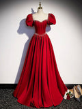 Elegant Burgundy Floor Length Prom Dress, A-Line Beading Puffy Short Sleeve Backless Evening Dress HZ0429