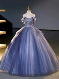 Blue Tulle Beading Sequins Long Prom Dresses, Beautiful Off the Shoulder Formal Party Dresses HZ0429