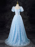 Blue Butterfly Appliques Sequins Prom Dress,  A-Line Short Sleeve Backless Princess Formal Dress HZ0429