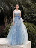 Grey-Blue Strapless Lace Long Prom Dress, A-Line Tulle Evening Party Dress HZ0429