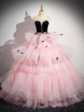Pink Tulle and Black Velvet Strapless Party Gown, Pink Backless Ruffles Formal Evening Dress HZ0429