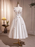 White Spaghetti Strap Satin Short Prom Dress, White V-Neck Evening Party Dress HZ0429