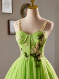 Beautiful Green Lace Flower Short Party Dress, Lovely Spaghetti Straps Sleeveless Backless Evening Dress HZ0429