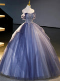 Blue Tulle Beading Sequins Long Prom Dresses, Beautiful Off the Shoulder Formal Party Dresses HZ0429