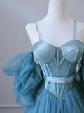 Fairy Blue Spaghetti Straps Corset Tulle Prom Dress, Detachable off Shoulder Party Dress HZ0429