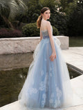 Grey-Blue Strapless Lace Long Prom Dress, A-Line Tulle Evening Party Dress HZ0429