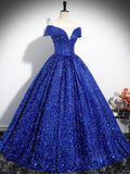 Blue Sequins Floor Length Prom Dress, Elegant A-Line Formal Evening Dress HZ0429