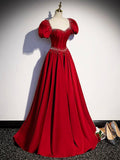 Elegant Burgundy Floor Length Prom Dress, A-Line Beading Puffy Short Sleeve Backless Evening Dress HZ0429