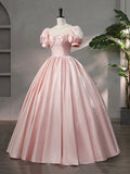 Beautiful Pink Scoop Neck Satin Floor Length Prom Dress, A-Line Short Sleeve Evening Dress with Bow HZ0429
