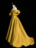 Yellow Satin Long Prom Dress, Off the Shoulder A-Line Evening Party Dress HZ0429