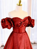 Burgundy Satin Polka Dot Tulle Prom Dress, Lovely Floor Length Short Sleeve Evening Dress HZ0429