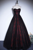 Black Tulle and Rose Print A-Line Prom Dress, Black Off Shoulder Evening Party Dress HZ0429