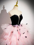 Pink Tulle and Black Velvet Strapless Party Gown, Pink Backless Ruffles Formal Evening Dress HZ0429