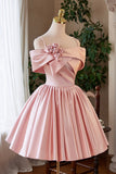 Pink Satin Short Prom Dress, Lovely A-Line Off the Shoulder Party Homecoming Dress HZ0429