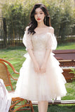 Champagne Tulle Sequins Short Prom Dress, Lovely A-Line Short Sleeve Party Dress HZ0429