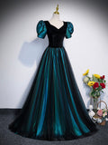 Unique Black Velvet and Tulle Long Prom Dress, A-Line Short Sleeve Evening Party Dress HZ0429