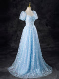 Blue Butterfly Appliques Sequins Prom Dress,  A-Line Short Sleeve Backless Princess Formal Dress HZ0429
