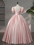 Beautiful Pink Scoop Neck Satin Floor Length Prom Dress, A-Line Short Sleeve Evening Dress with Bow HZ0429