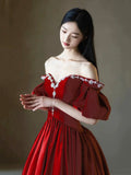 Burgundy Satin Rhinestone Floor Length Prom Dress, A-Line Off-The-Shoulder Princess Party Dress HZ0429