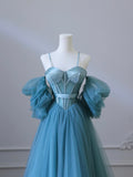 Fairy Blue Spaghetti Straps Corset Tulle Prom Dress, Detachable off Shoulder Party Dress HZ0429