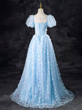 Blue Butterfly Appliques Sequins Prom Dress,  A-Line Short Sleeve Backless Princess Formal Dress HZ0429