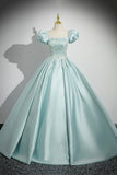 Lovely Satin Lace Long Prom Dress, Ice Blue A-Line Short Sleeve Evening Party Dress HZ0429