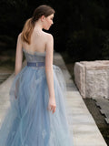 Grey-Blue Strapless Lace Long Prom Dress, A-Line Tulle Evening Party Dress HZ0429