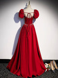 Elegant Burgundy Floor Length Prom Dress, A-Line Beading Puffy Short Sleeve Backless Evening Dress HZ0429