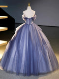 Blue Tulle Beading Sequins Long Prom Dresses, Beautiful Off the Shoulder Formal Party Dresses HZ0429