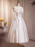 White Spaghetti Strap Satin Short Prom Dress, White V-Neck Evening Party Dress HZ0429