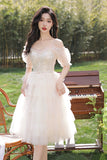 Champagne Tulle Sequins Short Prom Dress, Lovely A-Line Short Sleeve Party Dress HZ0429