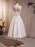 White Spaghetti Strap Satin Short Prom Dress, White V-Neck Evening Party Dress HZ0429