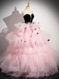 Pink Tulle and Black Velvet Strapless Party Gown, Pink Backless Ruffles Formal Evening Dress HZ0429
