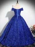 Blue Sequins Floor Length Prom Dress, Elegant A-Line Formal Evening Dress HZ0429